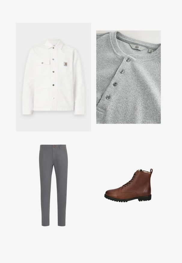 Chaqueta de mezclilla blanca con cuello spread, cierre frontal de botones, dos bolsillos en el pecho y un parche de logotipo en el bolsillo izquierdo.; Camisa de punto gris de manga larga con cuello redondo, tapeta de cinco botones, textura acanalada y un diseño ajustado. La etiqueta indica talla M.; Pantalones de algodón grises con un diseño ajustado, que cuentan con un cierre de botón, bolsillos estándar y una textura suave.; Botas de tobillo de cuero marrón con un acabado texturizado, parte delantera con cordones, punta redondeada y suela de goma gruesa. Incluye un tirador en la parte trasera.
