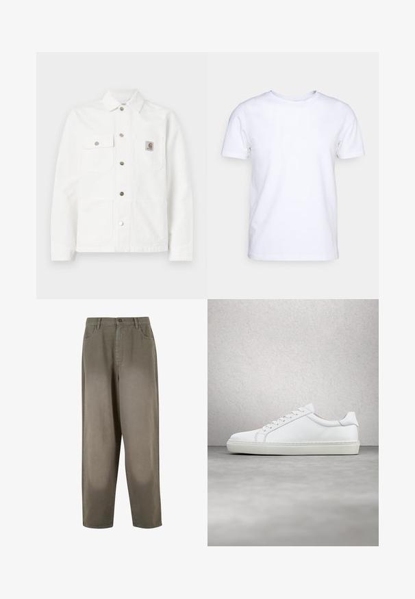 Witte denimjack met een gespreide kraag, sluiting met knopen aan de voorkant, twee borstzakken en een logopatch op de linkse zak.; Witte katoenen t-shirt met korte mouwen en een ronde hals. Eenvoudig ontwerp zonder patronen of accenten. Glad textuur.; Lichtgroene, wijde broek van zacht materiaal. Voorzien van een knoopsluiting, voorzakken en een overall gladde textuur.; Witte sneaker met een gladlederen bovenwerk en een laag profiel. Voorzien van een ronde neus, zes vetergaatjes en een gestructureerde rubberen zool.