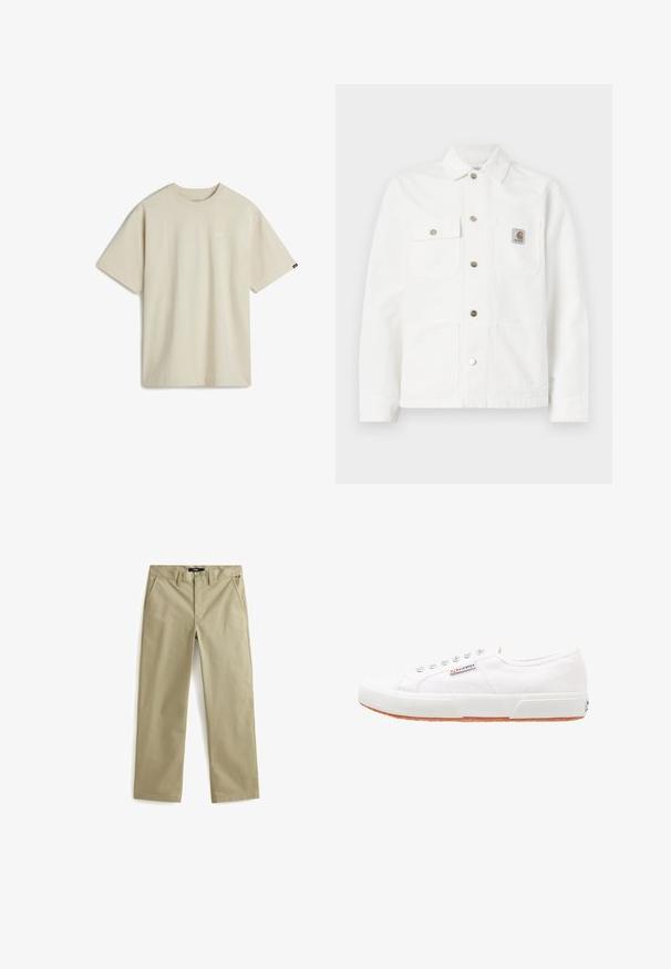 Hvid denimjakke med sprede krave, front lukning med knapper, to brystlommer og et logo patch på venstre lomme.; Beige bomulds T-shirt med korte ærmer, rund halsudskæring og et lille hvidt logo på brystet. Glat tekstur med en afslappet pasform.; Beige bomulds chinos med lige ben design, der har to forlommer og en klassisk knaplukning. Glat tekstur, minimale detaljer.; Hvide kanvas sneakers med gummisål, snørebåndsdesign og et lille logo mærke på siden. Tekstureret hvid overdel og brun ydersål.