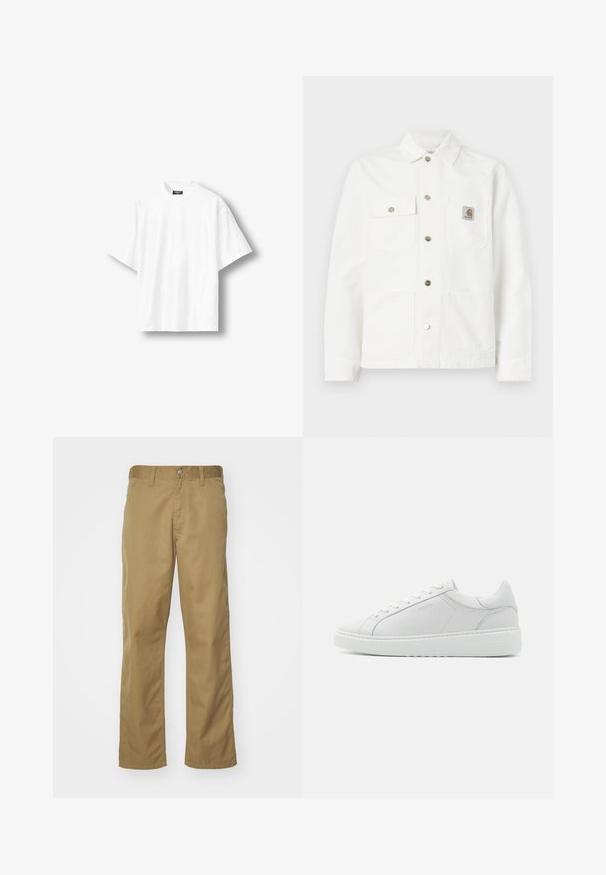 Veste en denim blanc avec col ouvert, fermeture frontale à boutons, deux poches poitrine et un patch logo sur la poche gauche.; T-shirt blanc uni à manches courtes, coupe ample, col rond et étiquette noire à l'intérieur du col arrière, présenté sur un fond clair.; Chino kaki avec une coupe droite, fabriqué en tissu de coton lisse. Dispose d'une fermeture à bouton à l'avant et de poches latérales.; Baskets blanches en cuir avec une texture lisse, bout rond, design bas et branding subtil sur le côté. Collier rembourré et lacets.