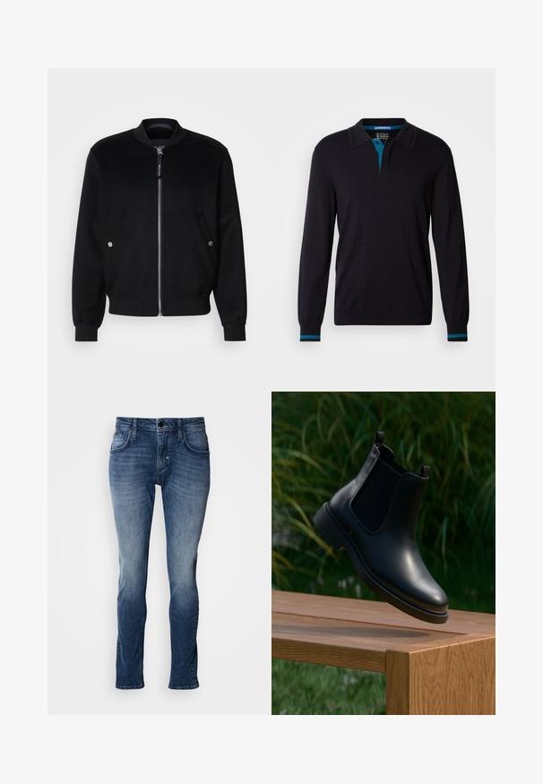 Chaqueta bomber negra confeccionada en una mezcla de lana, con cierre de cremallera en la parte delantera, dos bolsillos laterales con broches plateados, puños acanalados y cuello alto.; Scotch & Soda LONG SLEEVE POLO - Jersey de punto - anthracite; Jeans de mezclilla azul con acabado desgastado, diseño de cinco bolsillos, corte recto y detalles de costura. Cierre sencillo con botón y cremallera.; Botín de cuero negro hasta el tobillo con paneles laterales elásticos flotando sobre un banco de madera, con un fondo de follaje verde.