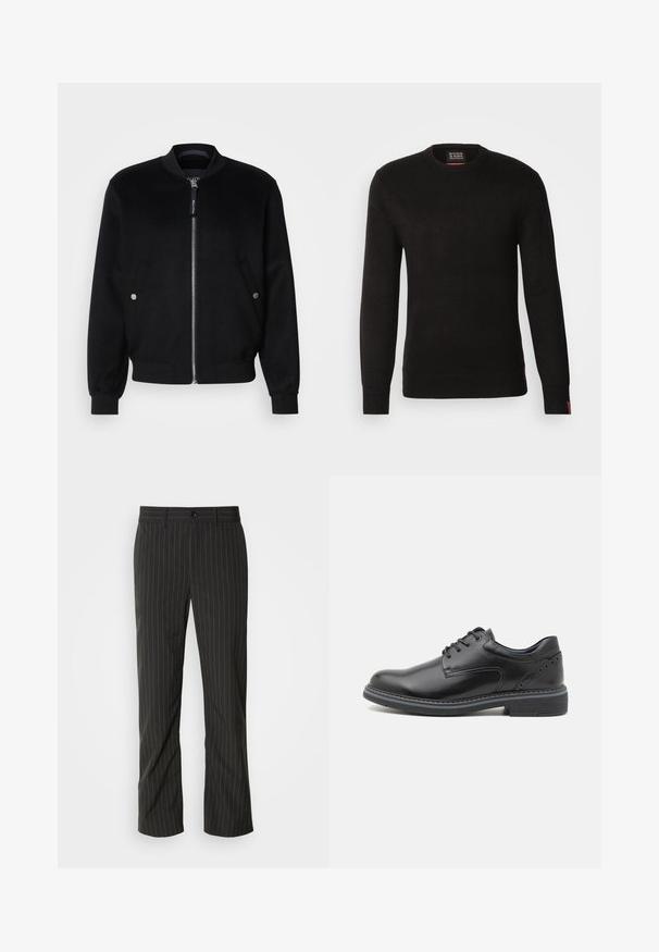 Chaqueta bomber negra confeccionada en una mezcla de lana, con cierre de cremallera en la parte delantera, dos bolsillos laterales con broches plateados, puños acanalados y cuello alto.; Scotch & Soda REGULAR FIT CREW NECK - Jersey de punto - meteorite; Pantalones de rayas negras con corte recto. Presentan una textura suave, cierre frontal con botón y pasadores para cinturón.; Zapato de piel negra con cordones y acabado suave, punta redonda y tacón texturizado. Presenta ojales azules en contraste y costuras decorativas.
