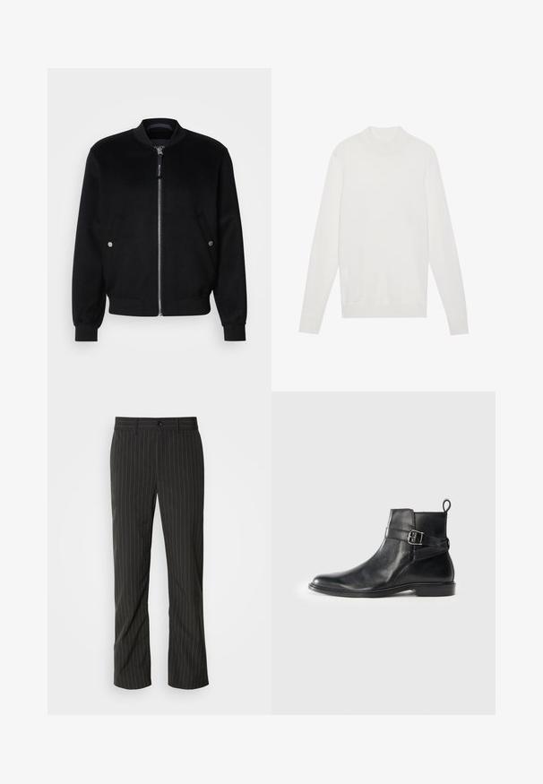 Veste bomber noire en mélange de laine, avec une fermeture éclair devant, deux poches latérales avec boutons-pression argentés, des poignets côtelés et un col montant.; Pull-over blanc avec un col montant, des manches longues et des poignets et un ourlet côtelés. Fabriqué en tissu tricoté doux. Design simple et ajusté.; Pantalons noirs à rayures fines avec une coupe droite. Présente une texture lisse, une fermeture à bouton à l'avant et des passants de ceinture.; Bottes en cuir noir à talon, avec un bout rond, un détail de boucle sur le côté, et une languette à l'arrière. Semelle plate avec une finition légèrement brillante.