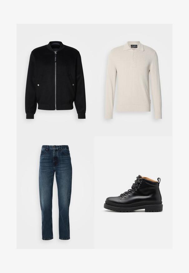 Veste bomber noire en mélange de laine, avec une fermeture éclair devant, deux poches latérales avec boutons-pression argentés, des poignets côtelés et un col montant.; Pull col polo à manches longues beige clair en tricot doux avec une finition texturée, doté d'un col classique et d'une patte de boutonnage à trois boutons.; Jeans droits bleu foncé avec fermeture à bouton et zip à l'avant, design à cinq poches, et subtile décoloration sur les cuisses et les genoux.; Zign by Zalando LEATHER - Bottines à lacets - black