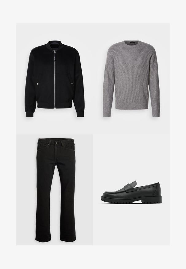 Veste bomber noire en mélange de laine, avec une fermeture éclair devant, deux poches latérales avec boutons-pression argentés, des poignets côtelés et un col montant.; Pull en laine grise côtelé fabriqué à partir d'un tissu doux, avec un col rond et des manches longues, présentant une texture uniforme tout au long du vêtement.; Jean en denim noir avec une coupe droite, cinq poches, des accents en cuivre, et des passants pour ceinture. Texture du tissu unie sans motifs.; Mocassins en cuir noir à bout arrondi, avec un design cousu, une semelle plateforme basse et une semelle en caoutchouc texturée et crantée.