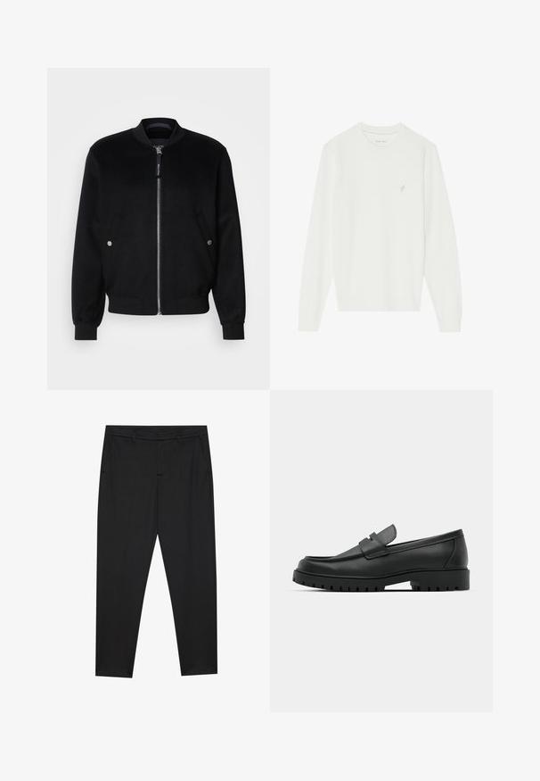 Veste bomber noire en mélange de laine, avec une fermeture éclair devant, deux poches latérales avec boutons-pression argentés, des poignets côtelés et un col montant.; Pull blanc à manches longues en maille douce. Il présente un col rond et un petit motif d'oiseau brodé sur le côté gauche de la poitrine.; Pier One by Zalando PUNTO TAILORED PANTS - Chino - black; Mocassins en cuir noir à bout arrondi, avec un design cousu, une semelle plateforme basse et une semelle en caoutchouc texturée et crantée.