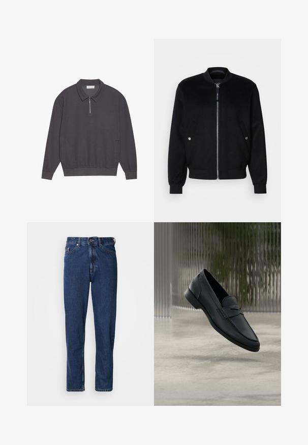 Veste bomber noire en mélange de laine, avec une fermeture éclair devant, deux poches latérales avec boutons-pression argentés, des poignets côtelés et un col montant.; Polo à manches longues gris foncé avec un col zippé, texture côtelée, poignets élastiqués et poches latérales. Design décontracté et polyvalent.; Jean bleu foncé en denim, avec une coupe droite, style cinq poches et des coutures apparentes le long des coutures.; Mocassin en cuir noir à finition lisse, bout pointu et détails cousus sur le dessus. Talon bas et design minimaliste.