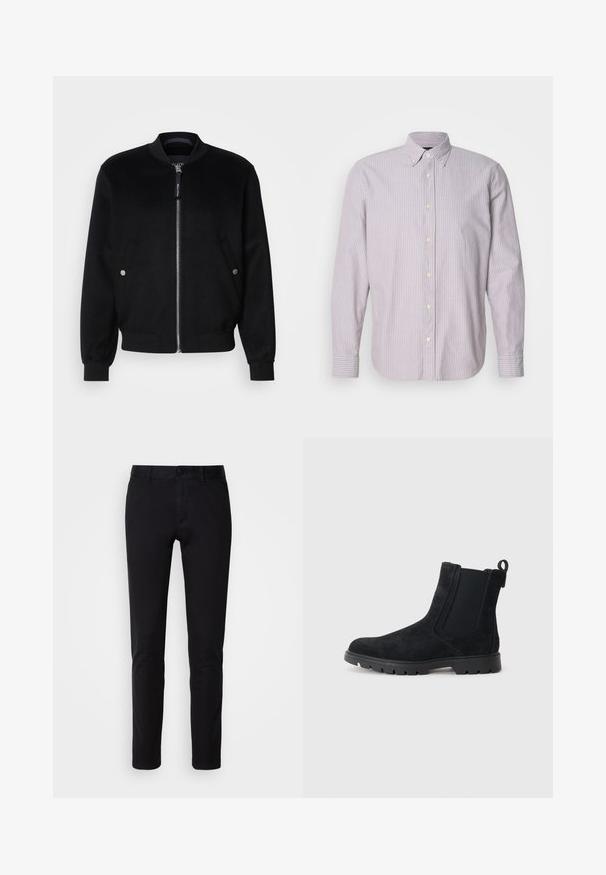 Veste bomber noire en mélange de laine, avec une fermeture éclair devant, deux poches latérales avec boutons-pression argentés, des poignets côtelés et un col montant.; Chemise à manches longues en coton, rayée violet clair et blanc, avec un col boutonné, des boutons jaunes et des fentes sur les côtés.; Pantalons noirs en coton lisse, avec une coupe droite, des poches avant, une fermeture à bouton et une finition soignée.; Bottines Chelsea en daim noir avec un dessus texturé, des panneaux latéraux élastiques, une languette et une semelle en caoutchouc robuste pour une meilleure adhérence.