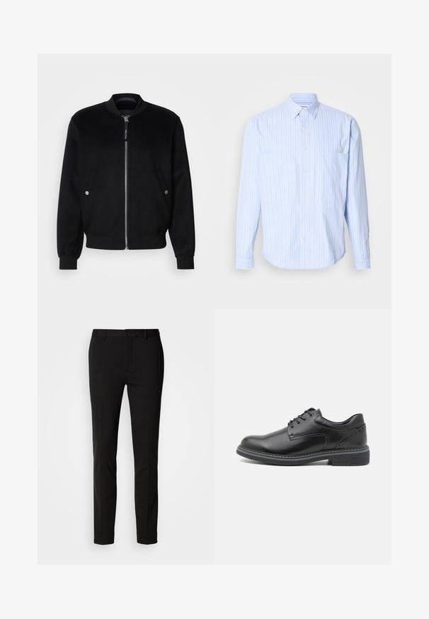 Veste bomber noire en mélange de laine, avec une fermeture éclair devant, deux poches latérales avec boutons-pression argentés, des poignets côtelés et un col montant.; Chemise bleu clair à boutons avec des rayures verticales blanches et pastel, en coton doux, deux poches poitrine et manches longues.; Pantalon noir à coupe ajustée, avec une fermeture à bouton et des passants de ceinture. Fabriqué en tissu lisse avec un léger éclat, sans motifs visibles.; Chaussure en cuir noir à lacets avec une finition lisse, bout rond et talon texturé. Présente des œillets bleus contrastés et des coutures décoratives.