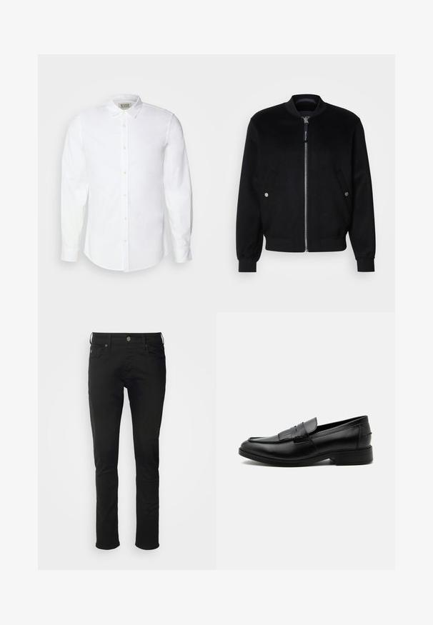 Veste bomber noire en mélange de laine, avec une fermeture éclair devant, deux poches latérales avec boutons-pression argentés, des poignets côtelés et un col montant.; Chemise blanche à boutons, en coton, avec un col classique, des manches longues et une broderie subtile sur la poitrine à gauche. Équipée de boutons beige.; Jean en coton noir avec une coupe droite, doté d'une fermeture à bouton à l'avant, de passants de ceinture et de poches standard avec une texture lisse.; Mocassin homme en cuir noir avec détail pompon, bout arrondi, talon bas et finition polie lisse, montré de profil sur fond blanc.
