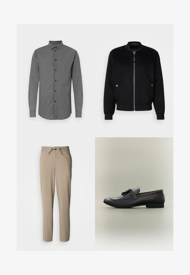 Veste bomber noire en mélange de laine, avec une fermeture éclair devant, deux poches latérales avec boutons-pression argentés, des poignets côtelés et un col montant.; Chemise à manches longues à carreaux noirs et blancs avec un col boutonné, offrant une coupe régulière et une fermeture à boutons sur le devant. Tissu texturé.; Pantalon beige en tissu doux, doté d'une taille à cordon de serrage et d'une coupe décontractée, avec des jambes droites et sans poches visibles.; Mocassin en cuir noir avec un bout arrondi, un gland décoratif et des détails cousus. Talon plat avec un profil élégant et une texture lisse.