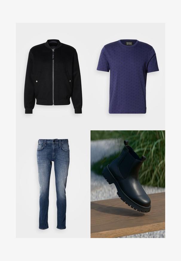 Chaqueta bomber negra confeccionada en una mezcla de lana, con cierre de cremallera en la parte delantera, dos bolsillos laterales con broches plateados, puños acanalados y cuello alto.; Scotch & Soda REGULAR FIT - Camiseta estampada - peacoat; Antony Morato KURT COMFORT - Vaqueros tapered - blue denim; Botas de tobillo de cuero negro con paneles laterales elásticos, punta redonda y suela de taco grueso, exhibidas sobre una superficie de madera.