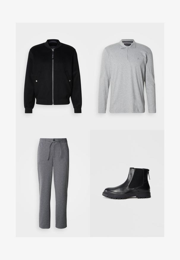 Veste bomber noire en mélange de laine, avec une fermeture éclair devant, deux poches latérales avec boutons-pression argentés, des poignets côtelés et un col montant.; Polo gris à manches longues en tissu doux, équipé d'une fermeture éclair à moitié, d'un col classique et d'un petit logo sur la poitrine.; Pantalons de survêtement gris en tissu doux, dotés d'une taille élastique avec cordon de serrage, de jambes droites et d'un design simple et épuré.; Bottine en cuir noir avec une finition lisse, des panneaux latéraux en maille élastique et une semelle robuste avec un motif de crampons visible.