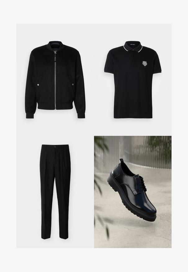 Chaqueta bomber negra confeccionada en una mezcla de lana, con cierre de cremallera en la parte delantera, dos bolsillos laterales con broches plateados, puños acanalados y cuello alto.; Camisa polo negra con un cuello y ribete de manga en blanco que contrastan. Presenta un logotipo de tigre en el lado izquierdo del pecho. Fabricada en tejido de algodón transpirable.; Pantalones negros a medida de talle alto con trabillas para cinturón, pinzas delanteras, bolsillos laterales y cierre de botón y cremallera.; Zapato de cuero negro con un acabado brillante, puntera redonda, diseño de cordones, costuras de contraste y una suela de goma gruesa con patrones de tracción.
