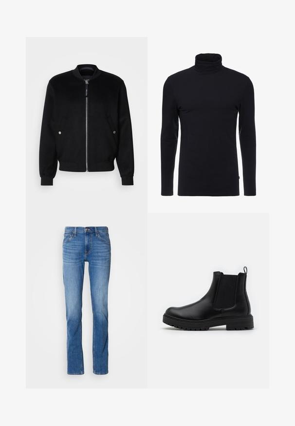 Veste bomber noire en mélange de laine, avec une fermeture éclair devant, deux poches latérales avec boutons-pression argentés, des poignets côtelés et un col montant.; T-shirt noir à manches longues et col roulé en tissu doux et extensible. Présente un design ajusté et une texture lisse. Aucun motif ni accent visible.; Jeans en denim bleu avec une coupe droite, comportant cinq poches, une fermeture éclair à l'avant et des effets de délavage subtils. Coupe classique et lavage moyen.; Zign by Zalando LEATHER - Bottines - black