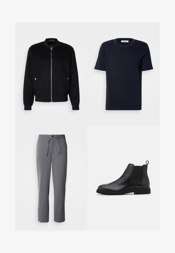 Veste bomber noire en mélange de laine, avec une fermeture éclair devant, deux poches latérales avec boutons-pression argentés, des poignets côtelés et un col montant.; T-shirt en coton bleu marine à manches courtes, col rond et petit logo sur la poitrine. Texture lisse, coupe classique.; Pantalons de survêtement gris en tissu doux, dotés d'une taille élastique avec cordon de serrage, de jambes droites et d'un design simple et épuré.; Bottines Chelsea en cuir noir avec panneaux élastiques sur les côtés et une languette. Bout arrondi et semelle en caoutchouc plate, mettant en valeur une finition lisse.
