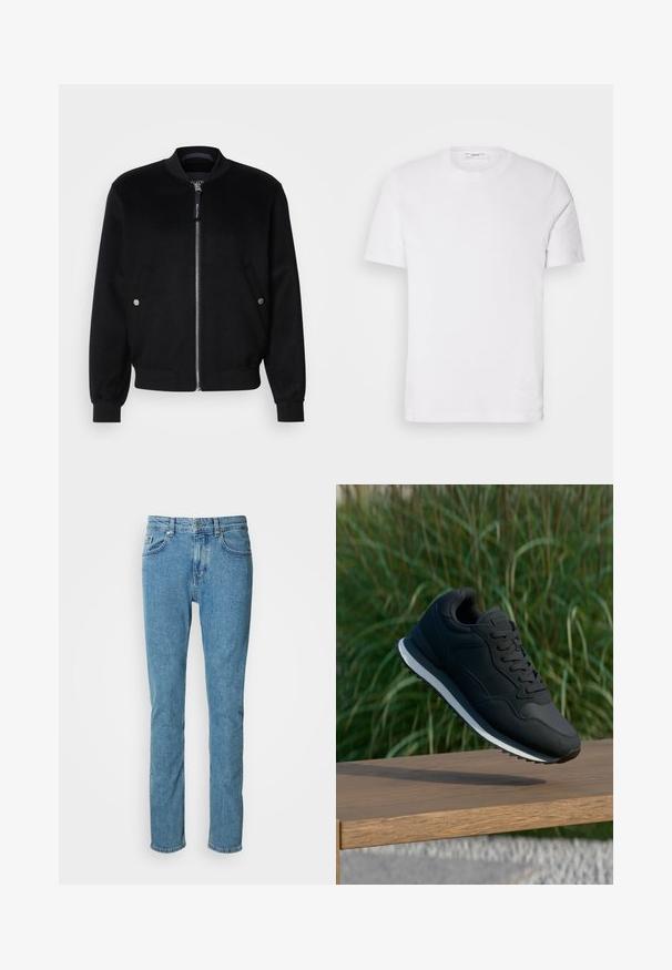 Veste bomber noire en mélange de laine, avec une fermeture éclair devant, deux poches latérales avec boutons-pression argentés, des poignets côtelés et un col montant.; T-shirt en coton blanc avec un col rond et des manches courtes. Présente un logo de marque subtil à l'avant, une texture lisse et une coupe classique.; Jean en denim bleu clair à coupe droite, ceinture robuste et style à cinq poches. Texture douce avec légère décoloration sur les cuisses.; Chaussure de sport noire avec une tige texturée, un laçage et une semelle intermédiaire blanche contrastante ; présentée en l'air au-dessus d'une surface en bois.