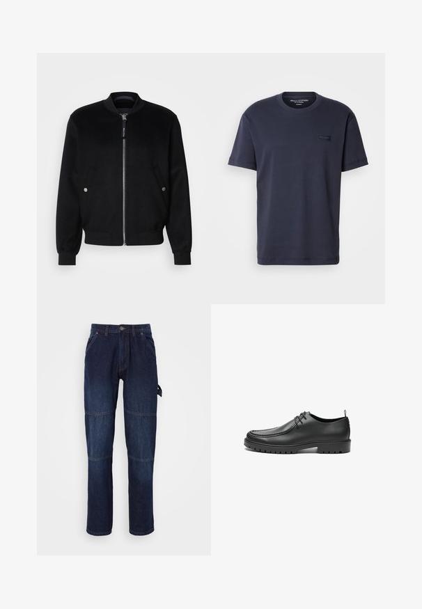 Veste bomber noire en mélange de laine, avec une fermeture éclair devant, deux poches latérales avec boutons-pression argentés, des poignets côtelés et un col montant.; T-shirt en coton bleu marine avec un col rond, des manches courtes et une étiquette rectangulaire portant le nom de la marque à l'avant.; Pantalon en denim bleu foncé avec une coupe droite. Comprend des poches latérales, une fermeture à bouton, et des coutures contrastées au niveau des genoux.; Chaussures en cuir noir avec une finition lisse, bout arrondi et coutures décoratives. Elles possèdent une semelle en caoutchouc avec des rainures de traction et un laçage.