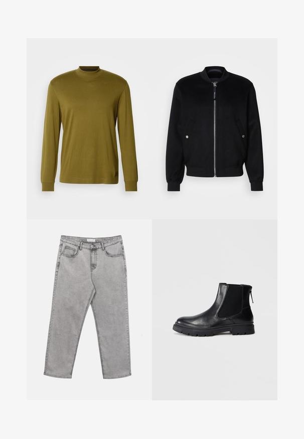 Zwarte bomberjack van een wolmix, met een rits aan de voorkant, twee zijzakken met zilveren drukknopen, geribbelde mouwen en een staande kraag.; Olijfgroene longsleeve turtleneck shirt van zacht materiaal, met een getailleerd ontwerp en ribbelboorden bij de nek en manchetten.; Lichtgrijze spijkerbroek van denim met knopen aan de voorkant en rits, riemlussen en vijf zakken, plat gelegd op een witte achtergrond.; Zwarte leren enkelboot met een gladde afwerking, elastische mesh zijkanten en een robuuste zool met een zichtbaar profiel.