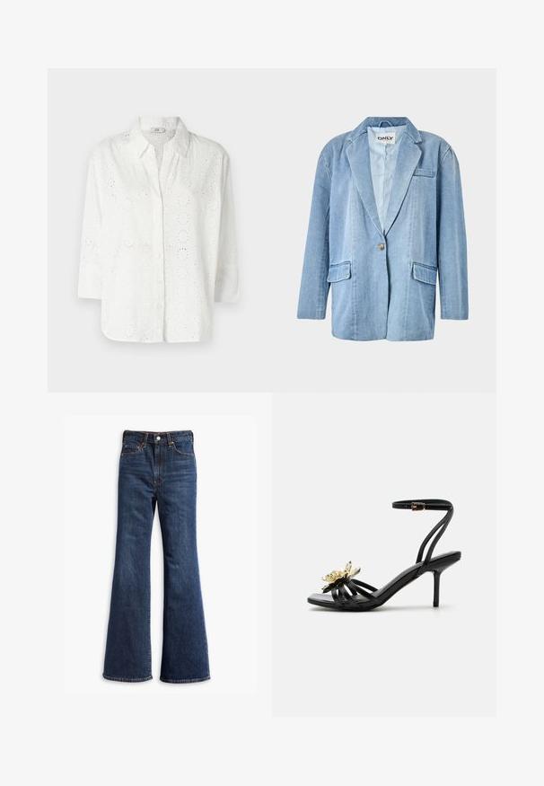 Lyseblå denimblazer med en enkelt knaplukning, to frontlommer og reverskrave, med synlige sømme og et foret indre.; Hvid skjorte med knaplukning lavet af broderet stof med hulmønster, med krave og trekvartærmer.; Højtaljede mørkeblå denim jeans med udvidede ben, frontknap og lynlås lukning, samt fem-lommer design.; Sort rem-sandal med høje hæle, ankelspænde og gyldent metallisk blomstermotiv på frontremmen mod en hvid baggrund.