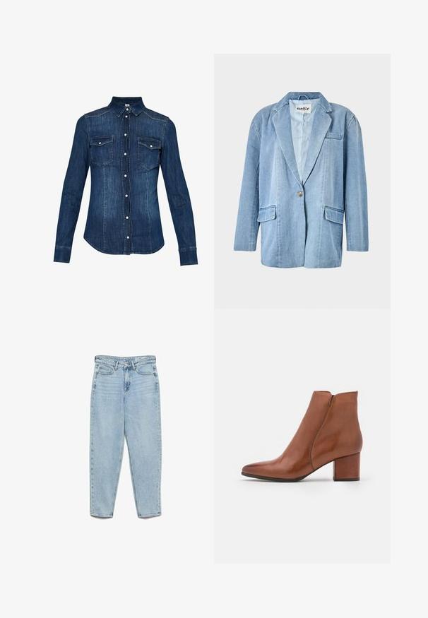 Blazer en denim bleu clair doté d'une fermeture à un bouton, de deux poches avant et d'un col cranté, avec des coutures visibles et une doublure intérieure.; Chemise en denim bleu foncé, avec une fermeture à boutons à l'avant, un col pointu et deux poches sur la poitrine avec rabat. Manches longues avec poignets boutonnés.; Jean en denim bleu clair taille haute avec poches avant, passants pour ceinture, fermeture à boutons et jambes fuselées sur fond blanc.; Bottillon en cuir marron avec un orteil pointu, un talon moyen et un minimum de coutures. Texture lisse avec une finition polie.