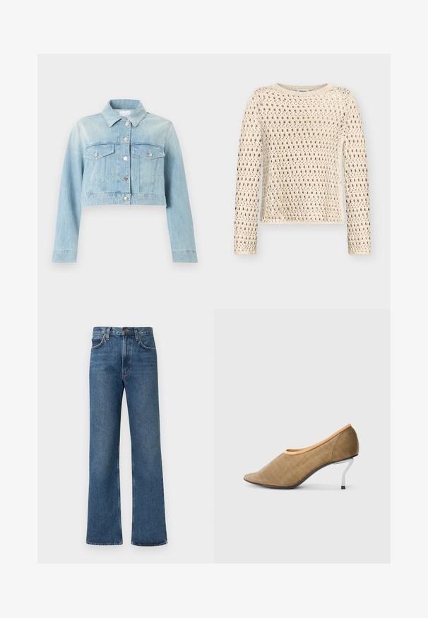 Ελαφρώς μπλε κοντή denim ζακέτα με μακριά μανίκια, κουμπιά στο μπροστινό μέρος, γιακά και δύο τσέπες στο στήθος με καπάκι και κουμπιά.; Μπεζ πουλόβερ με μακριά μανίκια πλεκτό με ανοιχτό πλεξούδα και στρογγυλή λαιμόκοψη, σε απλό ανοιχτό φόντο.; Ανοιχτό μπλε τζιν παντελόνι με φαρδιά μπατζάκια κατασκευασμένο από ντένιμ. Διαθέτει ψηλή μέση, σχεδιασμό με πέντε τσέπες και αντίθετη ραφή σε όλο το μήκος. Κλασικό κλείσιμο με κουμπιά.; Καφέ υφασμάτινη γόβα με μυτερή μύτη, που διαθέτει χαμηλό μεταλλικό τακούνι και πορτοκαλί λεπτομέρεια γύρω από το άνοιγμα. Λεπτή υφή και μινιμαλιστικός σχεδιασμός.