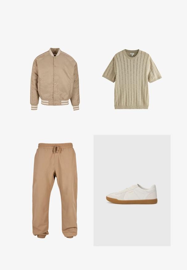 Chaqueta bomber beige con una textura suave y brillante. Presenta rayas blancas en el cuello y los puños, junto con un cierre a presión.; Jersey de punto beige de manga corta con rayas verticales acanaladas, cuello redondo y etiqueta de tamaño mediano dentro del cuello.; Pantalones jogger beige en tejido ligero, con cinturilla elástica, cordón y puños ajustados en los tobillos.; Zapatilla blanca hecha de cuero suave con suela de goma, con costuras sencillas y un pequeño logo dorado en el lado.