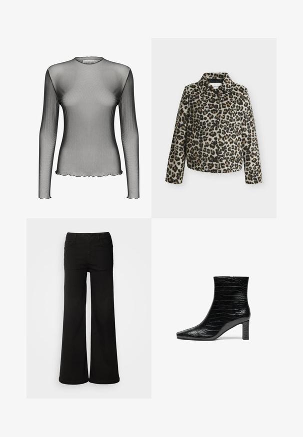 Veste à boutons avec motif léopard, manches longues et col, présentée sur un fond gris clair uni.; Haut à manches longues en mesh en tissu noir transparent avec un col rond et des bords festonnés ; présente une texture lisse et un design léger.; Pantalons larges noirs en denim, avec des poches avant, une fermeture à bouton et une texture lisse avec une finition soignée.; Bottine noire à bout pointu, extérieure en crocodile brillant, et talon carré de hauteur moyenne. Design lisse et épuré.