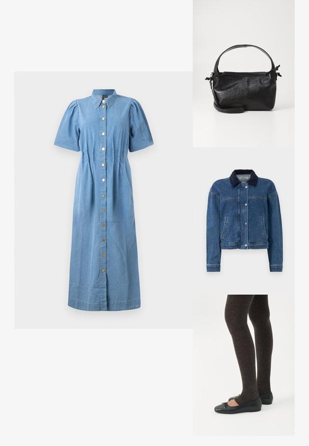 Denimjack in middelblauw met een marineblauwe corduroy kraag, voorste drukknoopsluiting, twee zijzakken en een cropped ontwerp.; Denim jurk met korte puffmouwen, kraag en een sluiting met knopen aan de voorkant. Lichtblauwe kleur met een getailleerde taille en rechte silhouet.; Benen met donkere geribbelde leggings gecombineerd met zwarte ballerina's met kleine strikdetails op een witte achtergrond.; Zwarte leren handtas met een gestructureerd ontwerp, een ronde bovenhandgreep en een afneembare schouderriem. Beschikt over een gladde textuur en een subtiele glans.