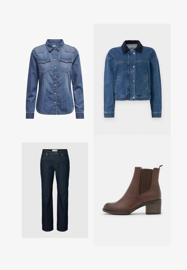 Denimjack in middelblauw met een marineblauwe corduroy kraag, voorste drukknoopsluiting, twee zijzakken en een cropped ontwerp.; Donkerblauw denim shirt met een kraag, lange mouwen, dubbele borstzakken en contrasterende stiksels.; Donkerblauwe straight-leg spijkerbroek met vijf zakken, knoopsluiting en contraststiksels, afgebeeld op een effen achtergrond.; Bruine leren enkellaars met een gladde afwerking, elastische zijpanelen, een ronde neus en een gematigde houten hak.