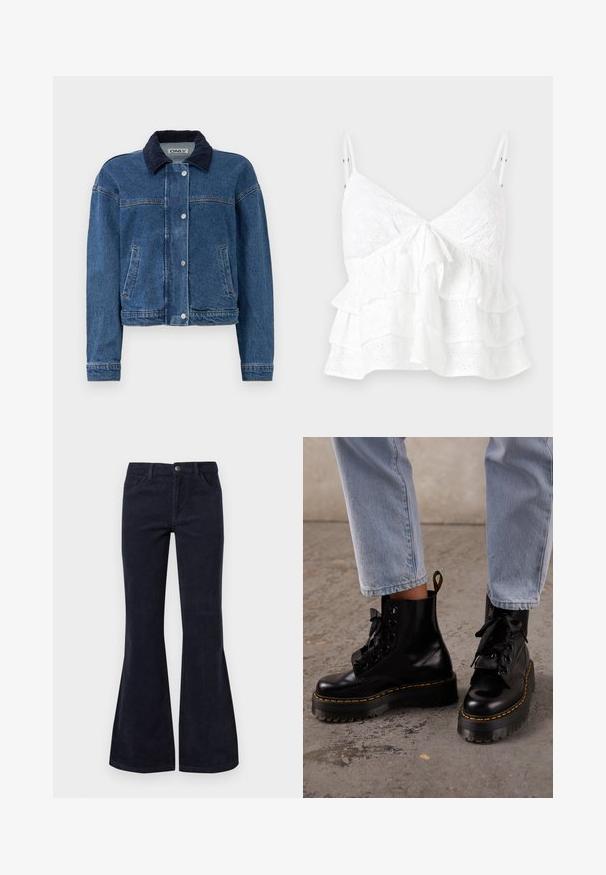 Denimjack in middelblauw met een marineblauwe corduroy kraag, voorste drukknoopsluiting, twee zijzakken en een cropped ontwerp.; Witte mouwloze top met een V-hals, een strikdetail aan de voorkant en gelaagde ruches met oogjes borduursel overal.; Uitlopende donkerblauwe corduroy broek met een hoge taille, vijf zakken en knoopsluiting, met een zachte textuur en geribbelde oppervlaktepatroon.; Persoon draagt lichtblauwe spijkerbroek en zwarte leren veterplatformlaarzen met gele stiksels op een betonnen vloer.