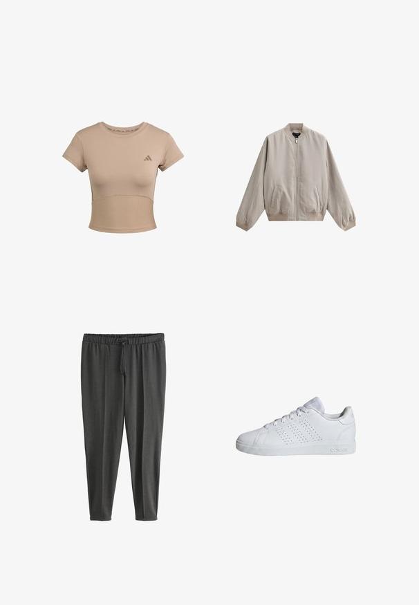 Chaqueta bomber beige claro hecha de tela suave, con cremallera frontal, dos bolsillos laterales y puños y dobladillo acanalados.; Camiseta deportiva recortada en color beige con mangas cortas, sección inferior acanalada y logo sutil en el pecho. Textura suave, diseño ajustado.; Pantalones jogger de color gris oscuro, ligeros, hechos de tela suave. Cuentan con una cinturilla elástica con cordón y piernas estrechadas. Textura lisa.; Zapatilla Adidas blanca de corte bajo con cordones, rayas perforadas en el lateral y suela de goma texturizada.