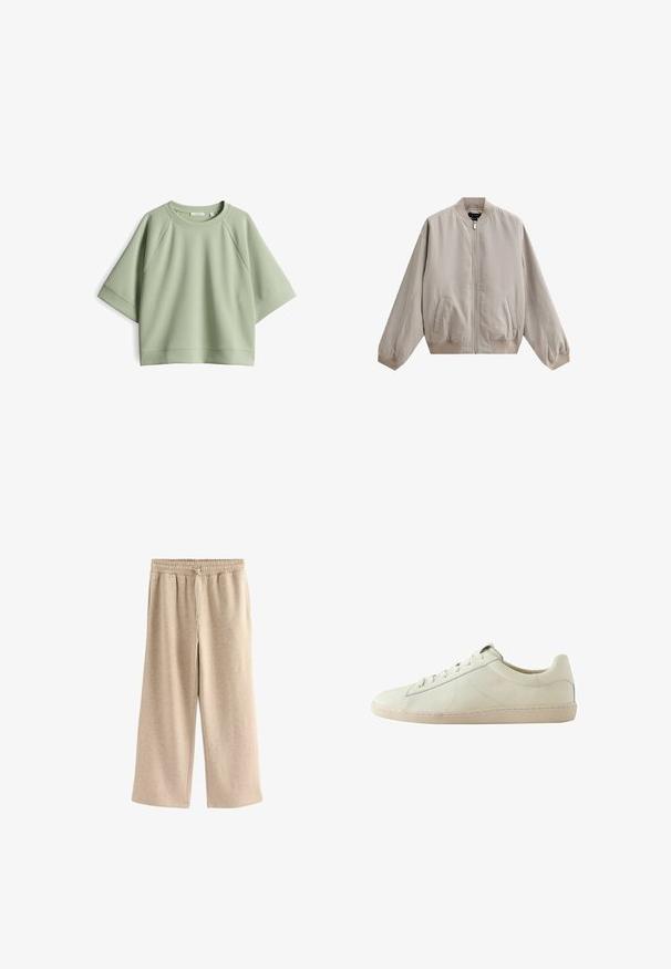 Helle beige Bombjacke aus glattem Stoff, mit einem Reißverschluss vorne, zwei Seitentaschen sowie gerippten Bündchen und Saum.; Hellgrünes, oversized Sweatshirt mit Rundhalsausschnitt, Raglanärmeln und weicher Textur. Verfügt über einen gerippten Halsausschnitt und Saum.; Cremefarbene Schlaghosen aus einem weichen Baumwollmix. Sie verfügen über einen elastischen Bund mit Kordelzug und einer dezenten gesprenkelten Textur.; Weißer Sneaker aus Leder mit niedrigem Schnitt, strukturierter Oberfläche, Schnürverschluss und beiger Gummisohle, von der Seite auf weißem Hintergrund gezeigt.