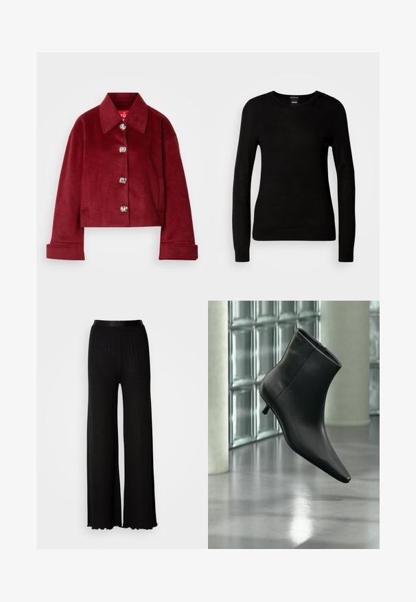 Veste courte bordeaux en mélange de laine, dotée d'un col, de boutons-pression en argent et de poches latérales ; texture lisse avec une coupe ajustée.; Pull noir en maille fine, avec un col rond et des manches longues à poignets ajustés. Pas de motifs ou d'ornements visibles.; Pantalons noirs à jambes larges avec une ceinture lisse, comportant des côtes verticales discrètes et des ourlets festonnés pour plus de texture et de détails.; Bottine en cuir noir à bout pointu et petit talon kitten, présentée en angle devant un sol poli et un mur en blocs de verre.