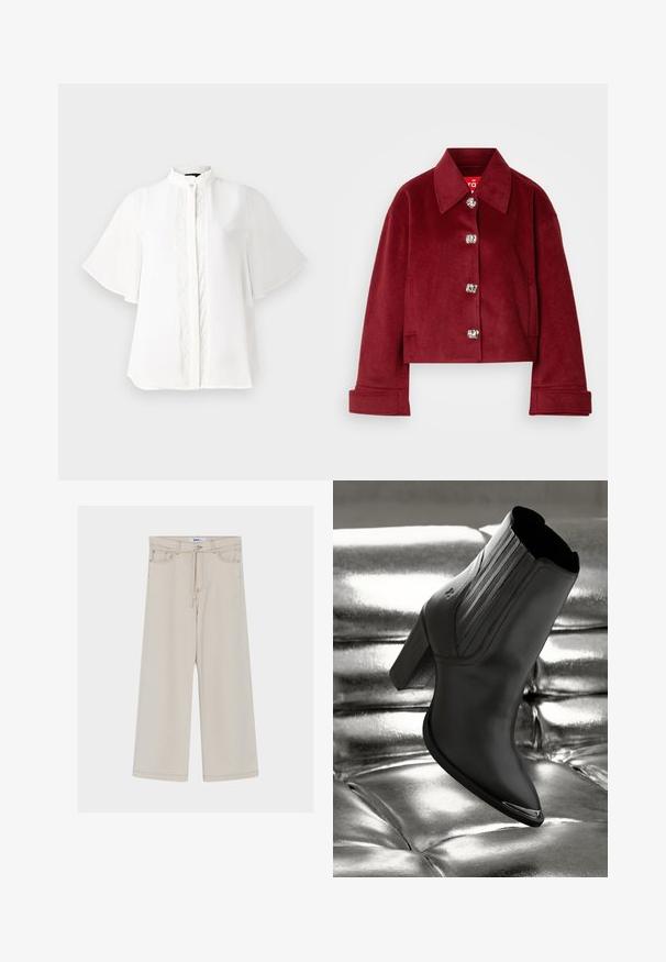 Chaqueta corta burdeos en mezcla de lana, con cuello, botones de presión plateados y bolsillos laterales; textura suave y corte entallado.; Blusa blanca con cuello alto, mangas cortas con volante y delicados bordados verticales en la parte frontal. Tejido suave y ligero.; Pantalones beige de pierna ancha con cintura alta, que presentan un cierre con cordón, bolsillos delanteros y costuras en contraste.; Botín de piel negra hasta el tobillo con un tacón alto, con costuras verticales y un acento plateado brillante en la puntera, sobre un fondo metálico.