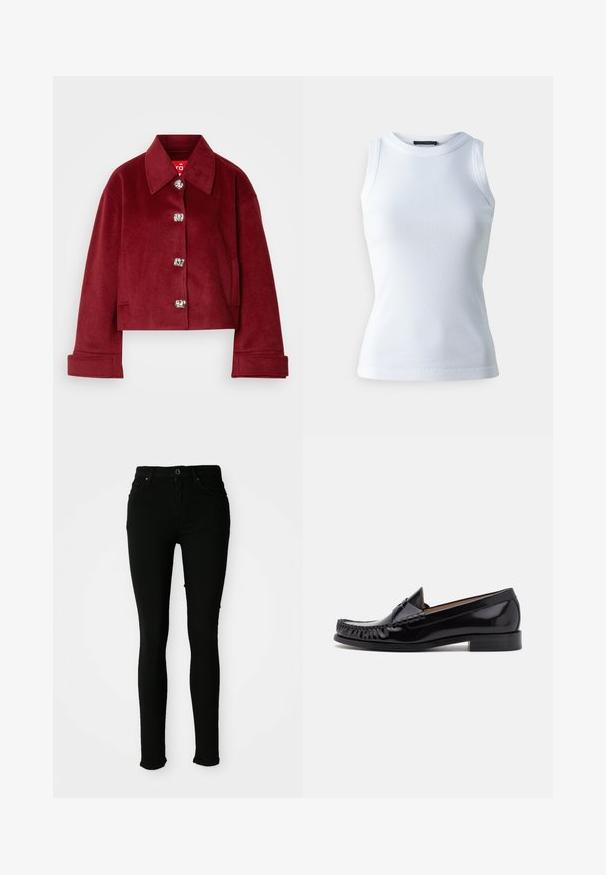 Bordeaux cropped jasje in wolmix, met een kraag, zilveren drukknoopjes en zijzakken; gladde textuur met een getailleerde pasvorm.; Witte mouwloze top van ribstof, met een ronde halslijn en een getailleerde pasvorm. Soepele textuur, geen zichtbare patronen of accenten.; Zwarte skinny jeans van denim met een gladde textuur, voorzien van een knoopsluiting, riemlussen en zonder zichtbare beschadigingen.; Zwarte leren mokassin met een glanzende afwerking, voorzien van franjes aan de voorkant en een lage gestapelde hak.