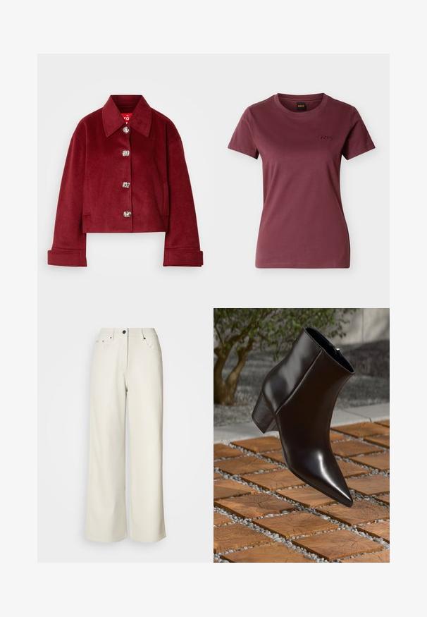 Bordeaux cropped jasje in wolmix, met een kraag, zilveren drukknoopjes en zijzakken; gladde textuur met een getailleerde pasvorm.; Dames T-shirt met korte mouwen in bordeauxrood, ronde hals en klein geborduurd "BOSS"-logo op de linkerborst.; Crème wijde benen broek van gladde stof. Heeft een mid-rise taille, ritssluiting en twee voorzakken met zwarte hardware accenten.; Zwarte leren enkelboot met een spitse neus, blokhak en een gladde textuur, gepositioneerd boven een houten en grindoppervlak.
