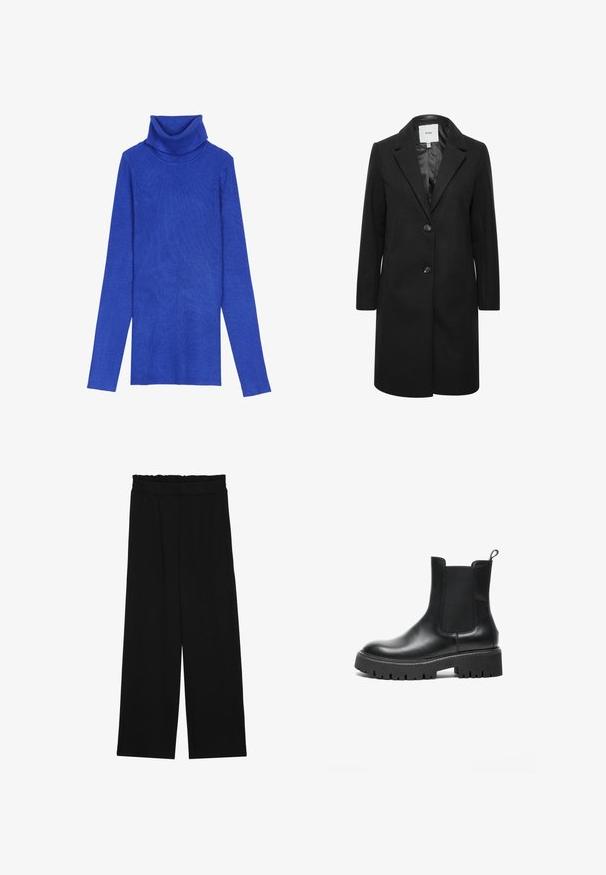 Mustmustest valmistatud mantel, millel on sakiline krae, ees nööpidega sulgemine ja pikad varrukad. Sile vooder, minimalistlik disain ja sirge lõige.; Kuningrubiinist ribidega turtleneck-sweater, valmistatud tekstuurilisest kangast, pika varrukaga ja kokkuvolditava kaelusega, millel on saledat lõiget.; Mustad laiad püksid rüüstatud vöökohtadega, millel on kaks küljetaskut ja ühetaoline, kerge kangas. Ilma nähtavate mustrite või seadmeteeta.; Must hõbesidega Chelsea saapad, millel on kummist külgepanemispaelad, ümar nina, paks kummist tald ja tõmblukk kanna juures.