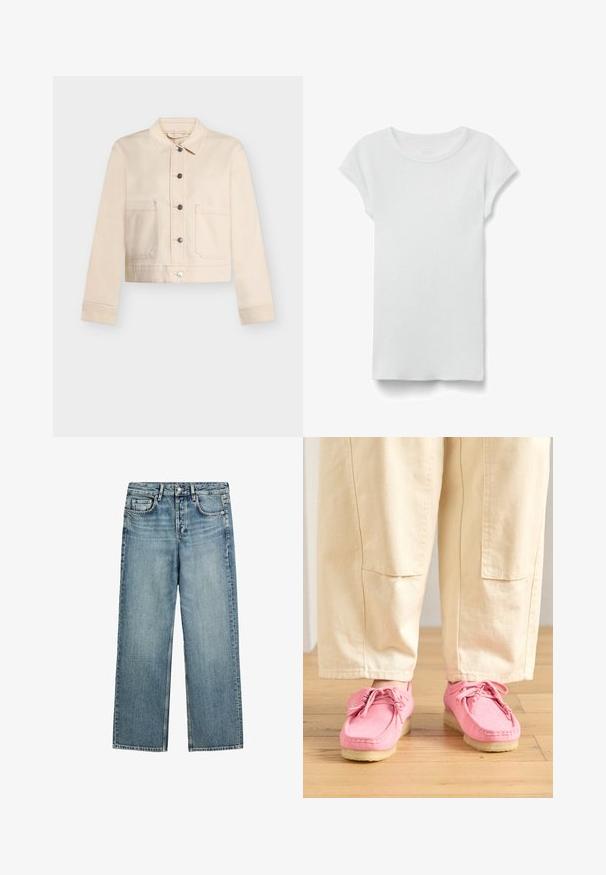 Beige cropped jas met kraag, lange mouwen, knoopsluiting aan de voorkant en twee grote zakken aan de voorkant op een lichte achtergrond.; Wit geribd T-shirt met korte mouwen en ronde hals, plat liggend op een witte achtergrond, toont de voorkant en een eenvoudige casual stijl.; Blauwe denim jeans met rechte pijp, knoop- en ritssluiting en klassiek ontwerp met vijf zakken.; Roze suède moccasin-stijl schoenen met veters, voorzien van een gestructureerd oppervlak en een lichtbeige rubberen zool, gecombineerd met beige broek.