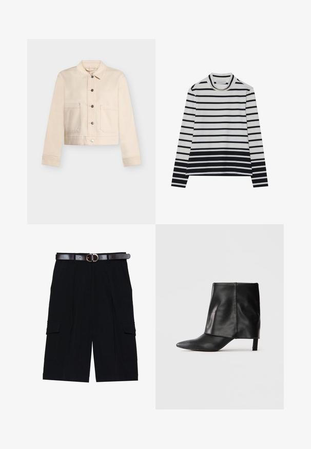 Beige cropped jas met kraag, lange mouwen, knoopsluiting aan de voorkant en twee grote zakken aan de voorkant op een lichte achtergrond.; Langarmshirt van katoen, met horizontale zwart-witte strepen, een hoge opstaande kraag en een losse pasvorm met zijsplitsen.; Zwarte cargokortingen gemaakt van lichtgewicht stof, met een rechte snit, zijzakken en een leren riem in bruin met een zilveren gesp.; Zwarte leren laars tot halverwege de kuit met een spitse neus, opgevouwen bovenste schacht en slanke lage hak, staand op een witte achtergrond.