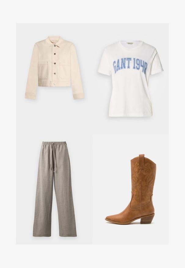 Beige kort jakke med krave, lange ærmer, knaplukning foran og to store lommer foran på en lys baggrund.; Hvid bomulds-T-shirt med rund hals og stort blåt tryk med teksten "GANT 1949" i fede bogstaver tværs over brystet.; Lys grå, vide bukser lavet af et struktureret stof med elastisk talje og snørre til justerbar pasform.; Tan læder cowboystøvle med spids tå, broderede svirvelmønstre på skaftet og en stablet blokhæl. Har en træksløjfe for nem af/på.