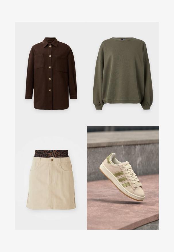 Tumepruun nuppude ja taskute särgijakk, millel on kaks suurt rinna-taskut, pikad varrukad ja klassikaline krae, esitatud valge tausta ees.; Olive rohelise värvi pullover-sweater, mis on valmistatud pehmest kangast, omab ümmargust kaelust, pikki varrukaid elastsete mansettidega ja mugavat lõiget.; Tan denimhülss, millel on pruun leopardimustriga elastne vöökoht, eestaskud ja sirge lõige, rõhutades nähtavaid õmblusdetailide.; Beežide seemisnahast tennised roheliste detailide, kolme külgmise triibu ja kummist tallaga. Omavad ümarat nina ja paeltega kinnitust.