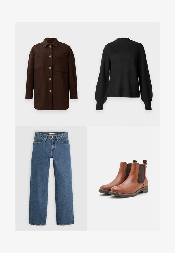 Veste chemise boutonnée marron foncé avec deux grandes poches poitrine, manches longues et col classique, présentée sur un fond blanc.; Pull en tricot noir à manches longues avec col montant en côtes, poignets et ourlet, présentant des manches légèrement bouffantes et une silhouette ajustée.; Jean en denim bleu avec une coupe droite, comportant cinq poches, une fermeture à bouton et des coutures contrastées le long des coutures.; Bottines en cuir marron avec des panneaux élastiques sur les côtés, bout rond et petit talon en bois. Présentent une languette pour un enfilage facile.