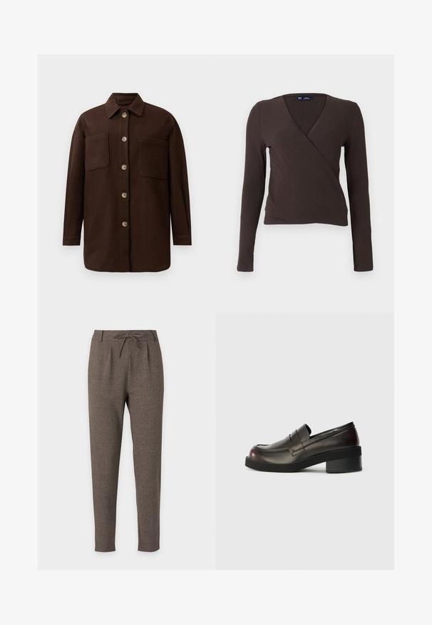 Veste chemise boutonnée marron foncé avec deux grandes poches poitrine, manches longues et col classique, présentée sur un fond blanc.; Haut cache-cœur à manches longues côtelé marron avec un col en V, présentant une silhouette cintrée et une texture lisse. Étiquette de la marque visible à l'intérieur du col.; Pantalon marron cintré avec taille à cordon et passants de ceinture, en tissu texturé, présenté sur fond blanc uni.; Mocassins en cuir marron foncé avec un bout arrondi, des détails cousus et un talon bloc modéré. Texture lisse, design minimaliste.