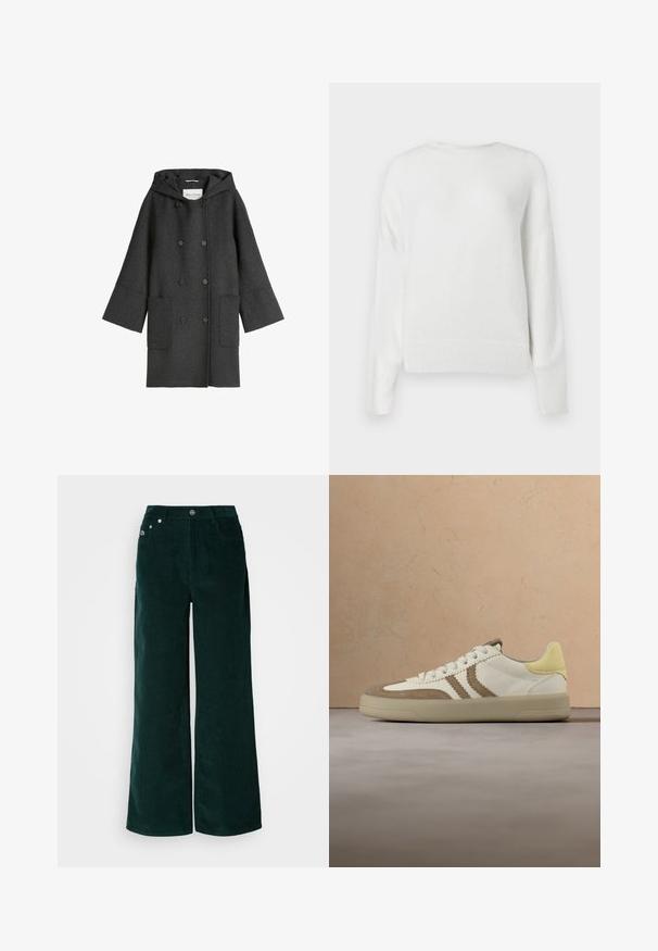 Tumesinine villane mantel kapuutsiga, topelt rinnaosaga, suured taskud ja laiad varrukad. Pehme tekstuur ja minimalistlik disain.; Valge, koheline kampsun pehmest materjalist. Omab ümmargust kaelust, pikki varrukaid ning soonikkoes mansetid ja äärt. Lihtne, tekstureeritud disain.; Laiade säärega tumesinised kõrrelise tekstuuriga püksid. Omavad horisontaalset ribidega tekstuuri, esimesi taskuid ja nööbiga sulgemist bränditud detailidega.; Valge ja pruunika tooniga spordijalats kollase kannatüki detailiga, mis on valmistatud seemisnahast ja sileda nahaga, lamepaelte ja kummist taldaga.