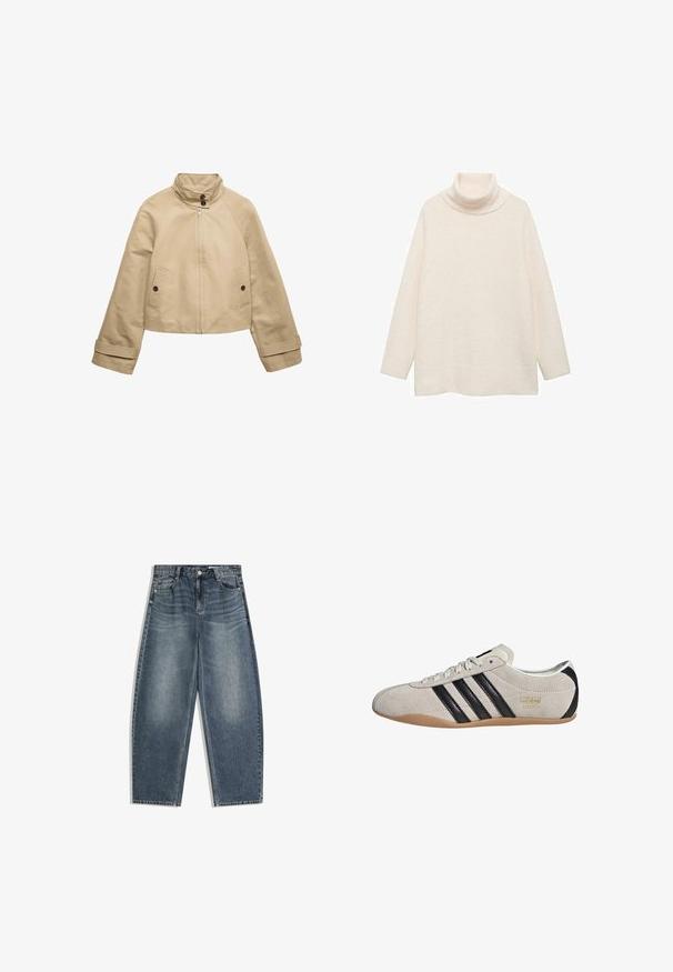 Beige cropped jack met hoge kraag, ritssluiting aan de voorkant, twee klepzakken met knoop, lange mouwen met riemdetails bij de manchetten.; Crèmekleurige coltrui gemaakt van zachte, gestructureerde stof. Heeft lange mouwen en een losse, relaxte pasvorm. Eenvoudig ontwerp zonder patronen.; Denim jeans in mediumblauw met een loszittend, wijd pijpmodel. Voorzien van de klassieke vijfzakkenconstructie en een vervaagde afwerking.; Suède sneaker met een grijze bovenkant, zwarte strepen en een gumrubberen zool. Kenmerkt een vetersluiting en een gouden logo-detail aan de zijkant.