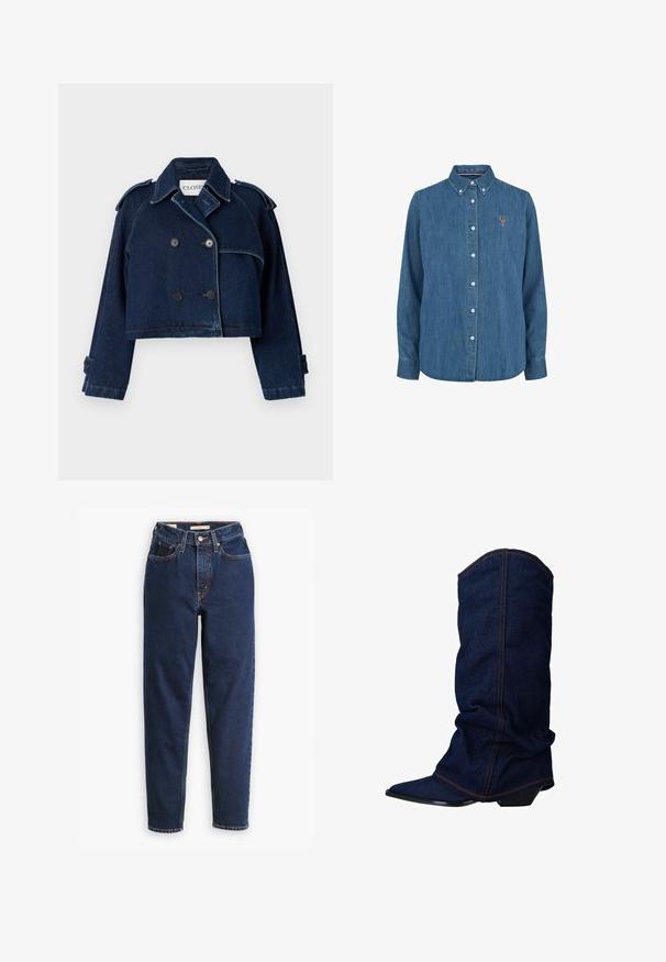 CLOSED CROPPED TRENCH - Spijkerjas - dark blue; Denim knoop-overhemd in middelblauw, met een klassieke kraag, lange mouwen en een geborduurd accent op de borst.; Donkerblauwe denimjeans met een hoge taille, vijf-pocket ontwerp en rechte pijpen. Contrasterende stiksels en een knopen-flapsluiting.; sacha Laarzen - blue