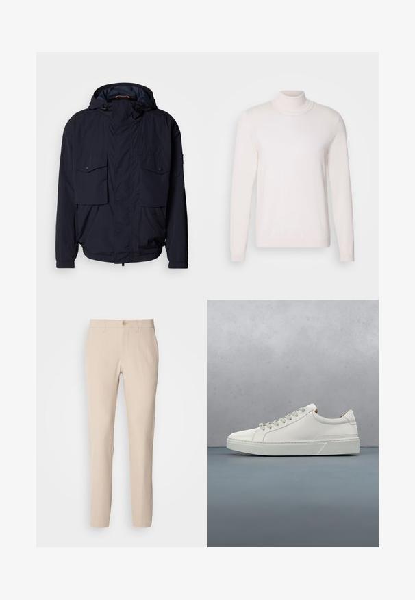 Marineblå letvægtsjakke med hætte, to klaplommer og elastiske manchetter. Fremstillet af blødt, struktureret stof med en afslappet pasform.; Lyserød rullekravesweater med lange ærmer, blød tekstur, ribbet krave og manchetter, der har et klassisk, tætsiddende design.; Beige bukser lavet af blødt stof, med knaplukning, lige snit og sidelommer. Glat tekstur med minimale syninger.; Hvid lædersneaker med rund tå, minimalistisk design, grå snørebånd og en tekstureret grå gummisål. Subtile syningsdetaljer er synlige.