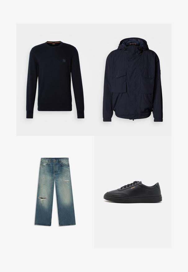 Veste légère bleu marine avec capuche, deux poches à rabat et poignets élastiques. Fabriquée en tissu doux et texturé avec une coupe décontractée.; Pull en tricot bleu marine avec des manches longues, un col ras du cou, des poignets et un ourlet côtelés, arborant un petit logo carré sur la poitrine.; Jean bleu à jambes larges avec zones décolorées, éclaboussures de peinture et deux trous usés sur le devant des cuisses, avec poches et passants de ceinture.; Baskets en cuir noir avec une texture lisse, bout rond, semelle en caoutchouc plate et lacets ton sur ton. Présente une marque "BOSS" dorée sur le côté.