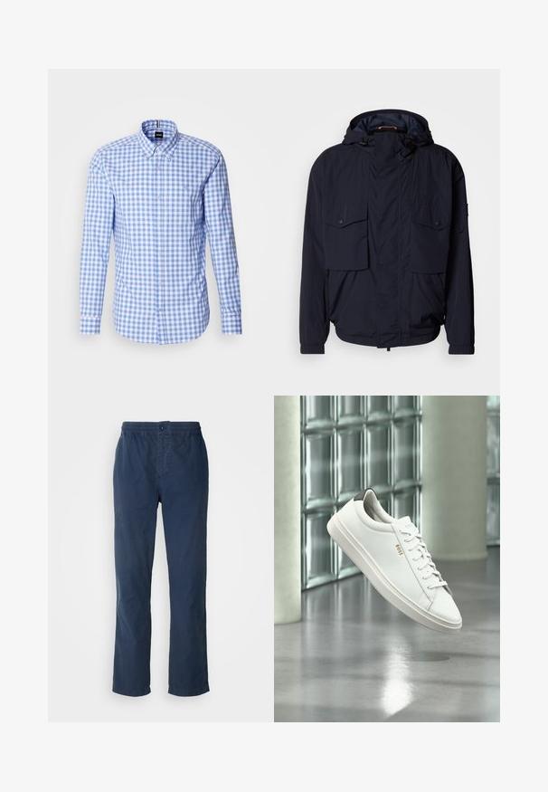 Marineblauwe lichtgewicht jas met een capuchon, twee klepzakken en elastische manchetten. Gemaakt van zachte, geweven stof met een relaxed fit.; Blauw en wit geruit overhemd met lange mouwen, knoop-onderkraag en geborduurd logo op de borst. Soepele katoenen stof.; Marineblauwe broek met een elastische tailleband en knoopsluiting, recht afgesneden ontwerp, gemaakt van lichte, gladde stof, zonder zichtbare patronen.; Witte leren lage sneaker met veters, zwarte hielstrook en "BOSS"-logo, zwevend binnenshuis bij een glazen stenen muur en gepolijste vloer.